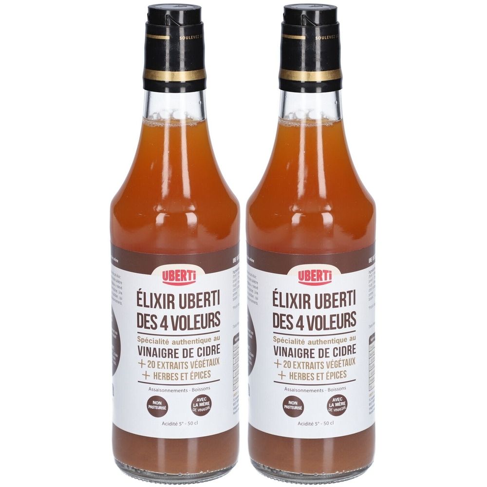 Deux bouteilles de liquide ambré. Étiquettes avec "Élixir Uberti des 4 Voleurs". Vinaigre de cidre et extraits végétaux.