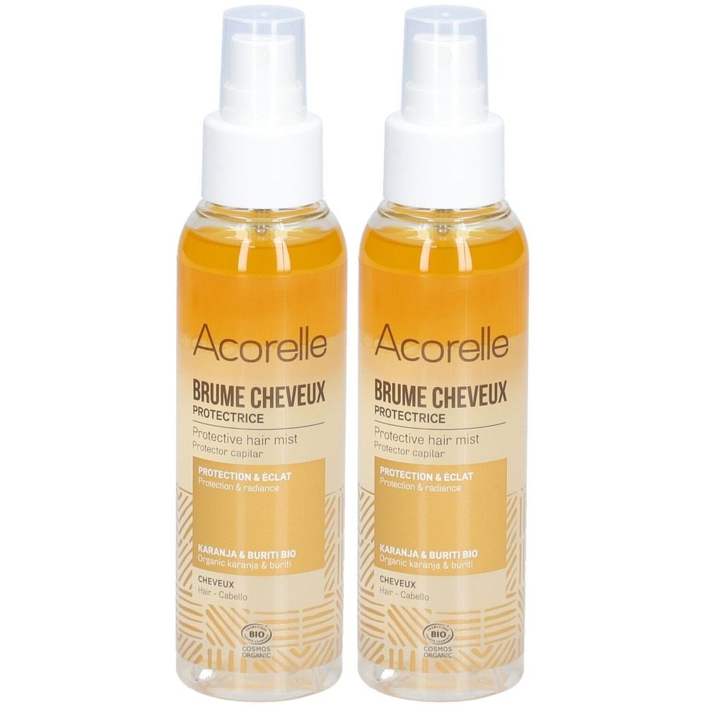 Deux flacons de brume capillaire Acorelle. Inscription : Brume Cheveux Protectrice. Certification bio visible.