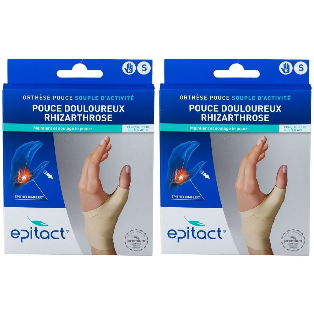 Deux boîtes d'orthèses pour le pouce. Emballage bleu avec nom du produit et image d'une main avec orthèse. Marque : epitact.
