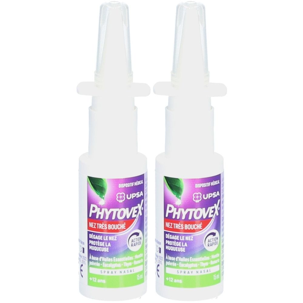Deux flacons de spray blanc PHYTOVEX. Inscription: Nez Très Bouché. Avec embout de pulvérisation.