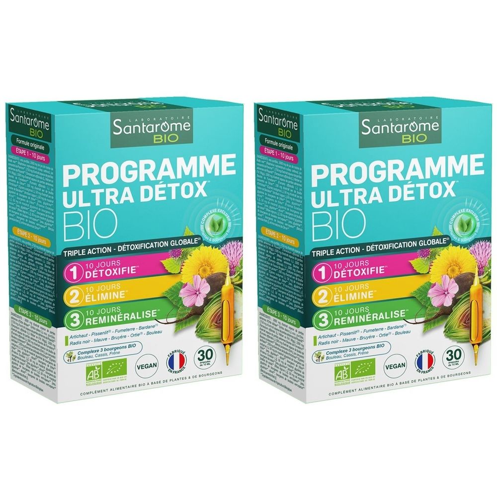 Deux boîtes Santarome Programme Ultra Détox Bio. Turquoise, avec nom du produit et logos. Certification Vegan et 30 unités.