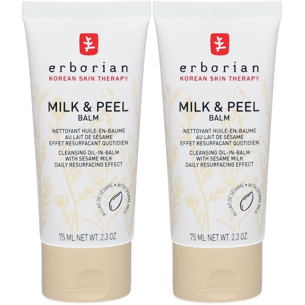 Deux tubes de Milk & Peel Balm erborian. Tubes blancs avec texte et logo. Partie inférieure et bouchon beiges.