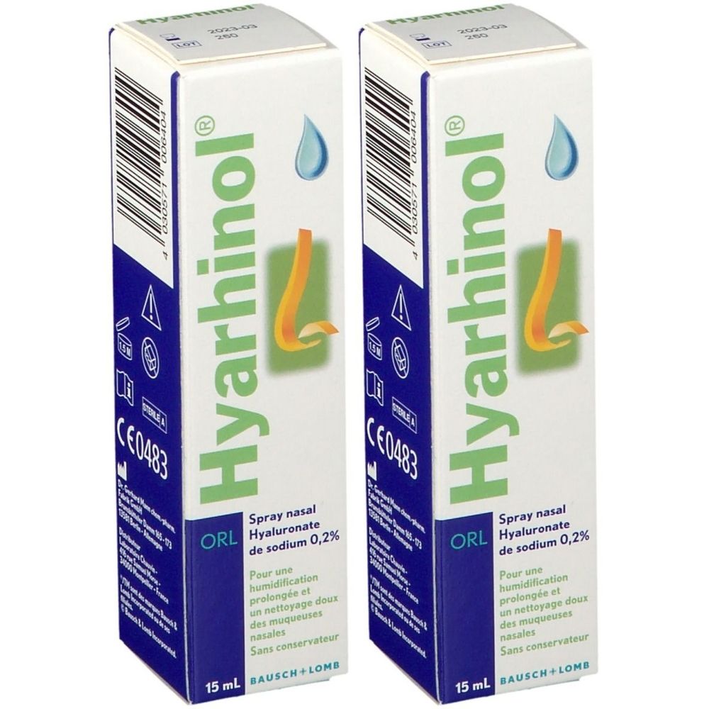 Deux boîtes blanches avec texte bleu et vert. Inscription : Hyarhinol, spray nasal, hyaluronate de sodium 0,2%.