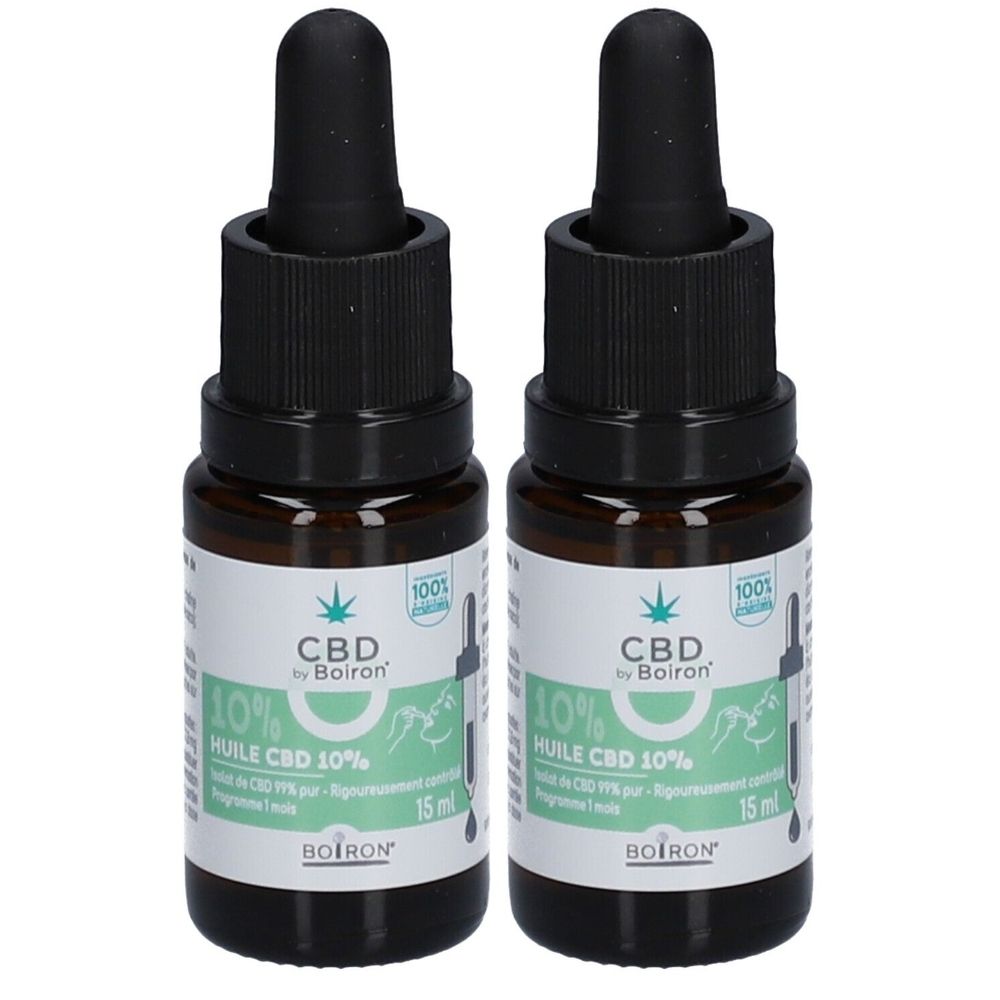Deux flacons d'huile CBD avec pipette. Inscription: CBD by Boiron, 10%, Huile CBD 10%, 15 ml. Avec sceau de garantie 100%.