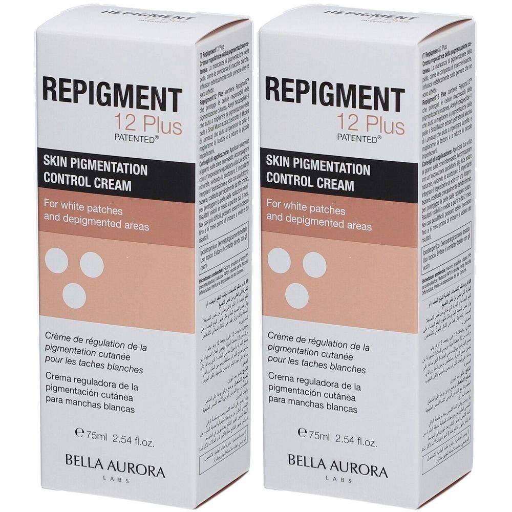 Deux boîtes de "REPIGMENT 12 Plus" crème de contrôle de la pigmentation cutanée. Texte en plusieurs langues, dont le français.