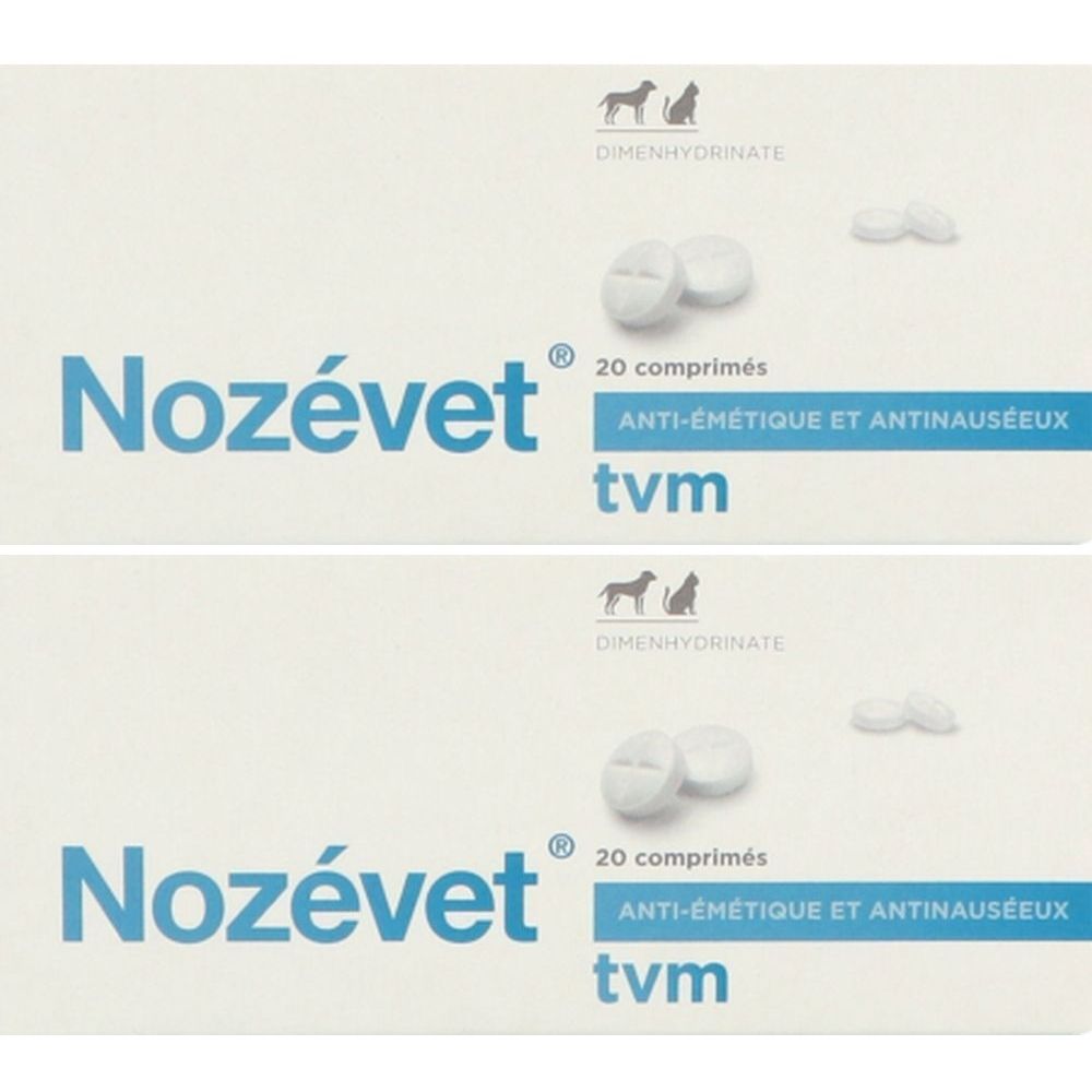 Deux boîtes de comprimés Nozévet. Inscription : 20 comprimés, antiémétique et antinauséeux. Marque tvm.