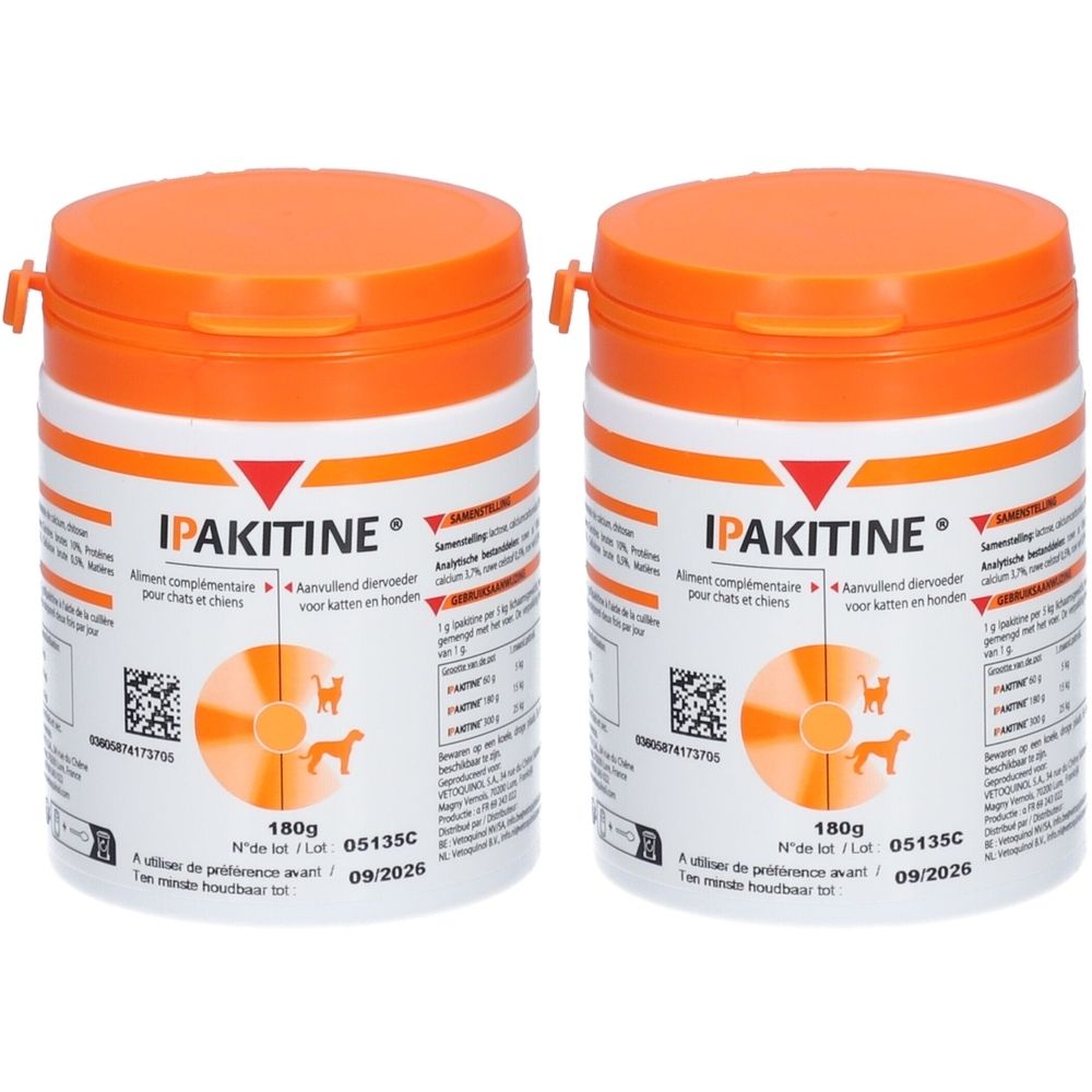 Deux boîtes blanches avec couvercles orange. Inscription IPAKITINE. Pour chiens et chats. Logos et texte.