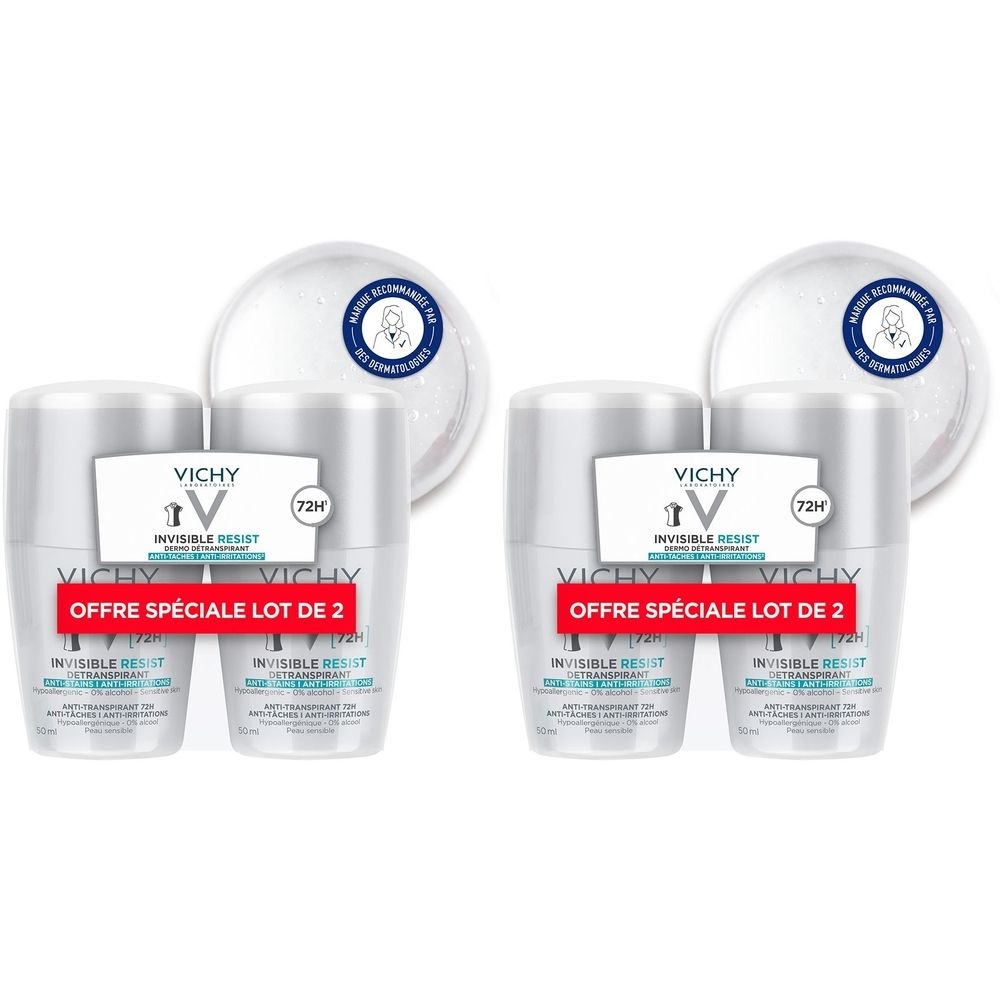Deux déodorants roll-on avec bouchon blanc et étiquette. L'étiquette indique "VICHY" et "OFFRE SPÉCIALE LOT DE 2".