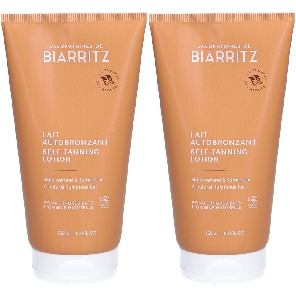 Deux tubes de lotion autobronzante. Inscription: Laboratoires de Biarritz, Lait Autobronzant, Self-Tanning Lotion.