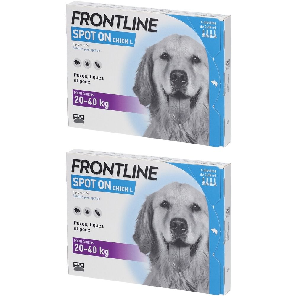 Deux boîtes de FRONTLINE SPOT ON CHIEN L. Inscription : Puces, tiques et poux. Pour chiens 20-40 kg. Image d'un chien.