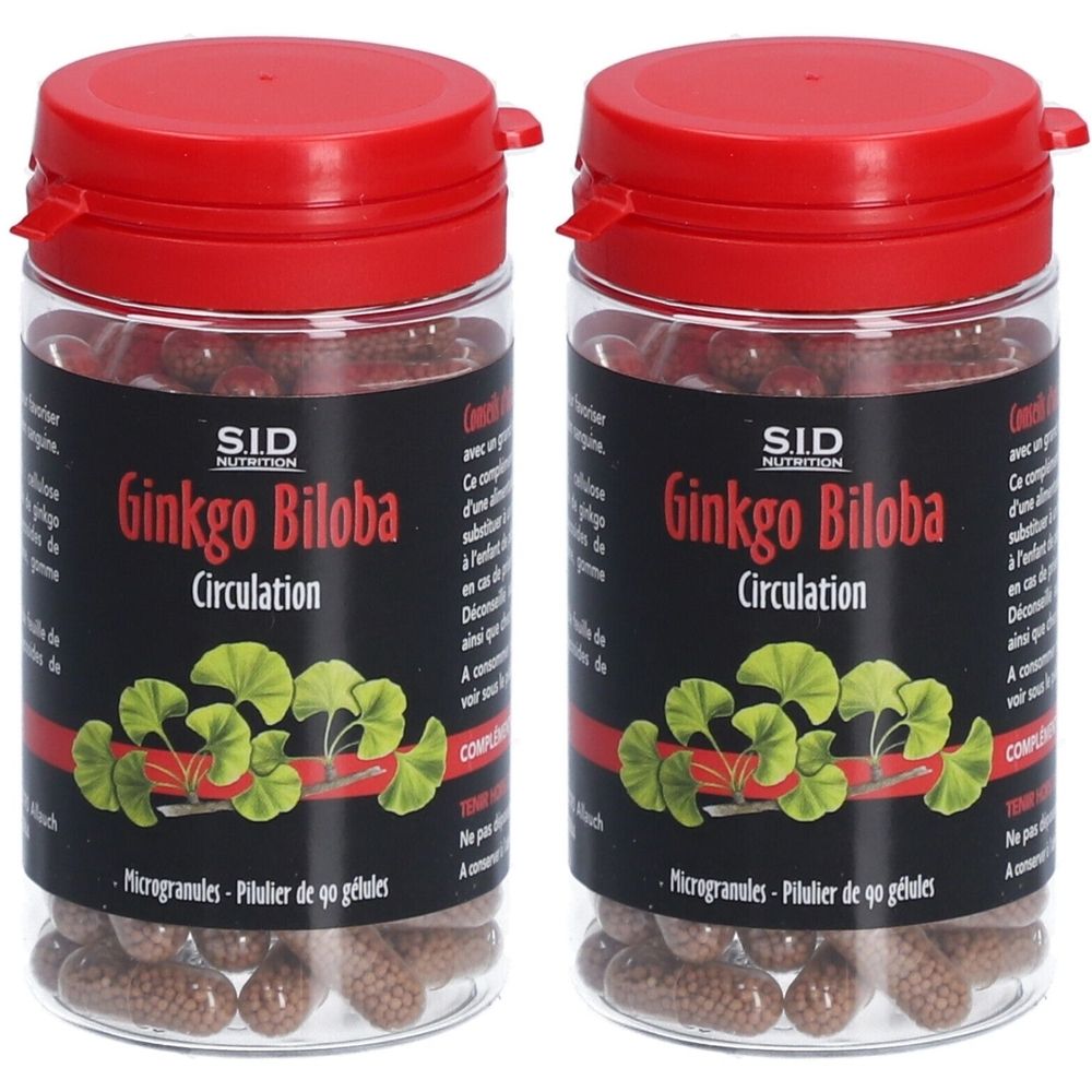 Deux flacons transparents avec couvercles rouges. Étiquettes : "S.I.D. Nutrition Ginkgo Biloba Circulation". Contient des gélules marron.
