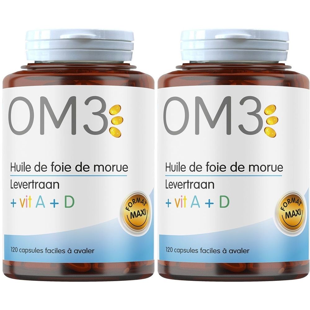 Deux flacons de capsules OM3. Inscription : Huile de foie de morue, Levertraan, + vit A + D. Étiquette avec 120 capsules.