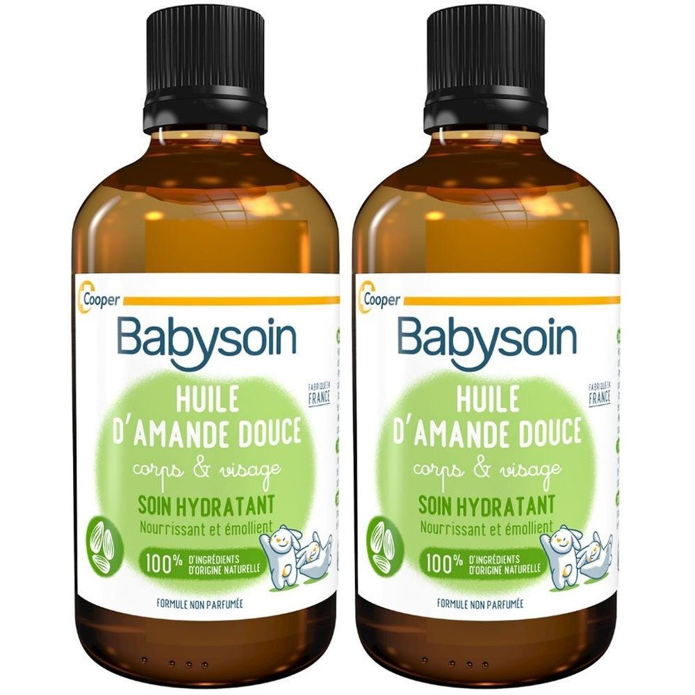 Deux flacons d'huile Babysoin. Inscription : Huile d'amande douce, Soin hydratant, 100% ingrédients d'origine naturelle. Bouchon noir.