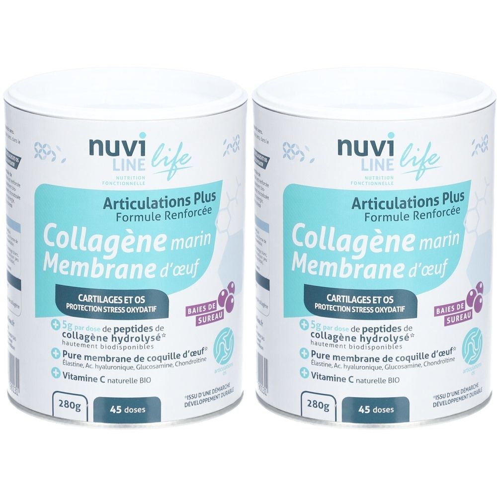 Deux boîtes cylindriques "Nuvi Life". Inscription "Articulations Plus Collagène marin Membrane d'œuf". Contient 280g et 45 doses.
