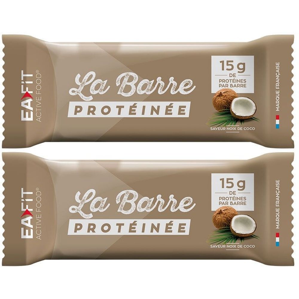 Deux barres protéinées saveur noix de coco. Inscription La Barre Protéinée, 15g de protéines par barre. Marque EA FIT.