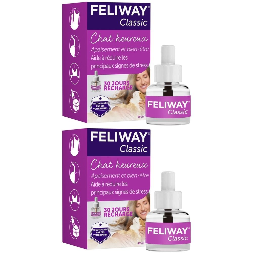 Deux flacons et emballages. Inscription: FELIWAY Classic, Chat heureux, 30 JOURS RECHARGE. Flacons avec embout blanc.