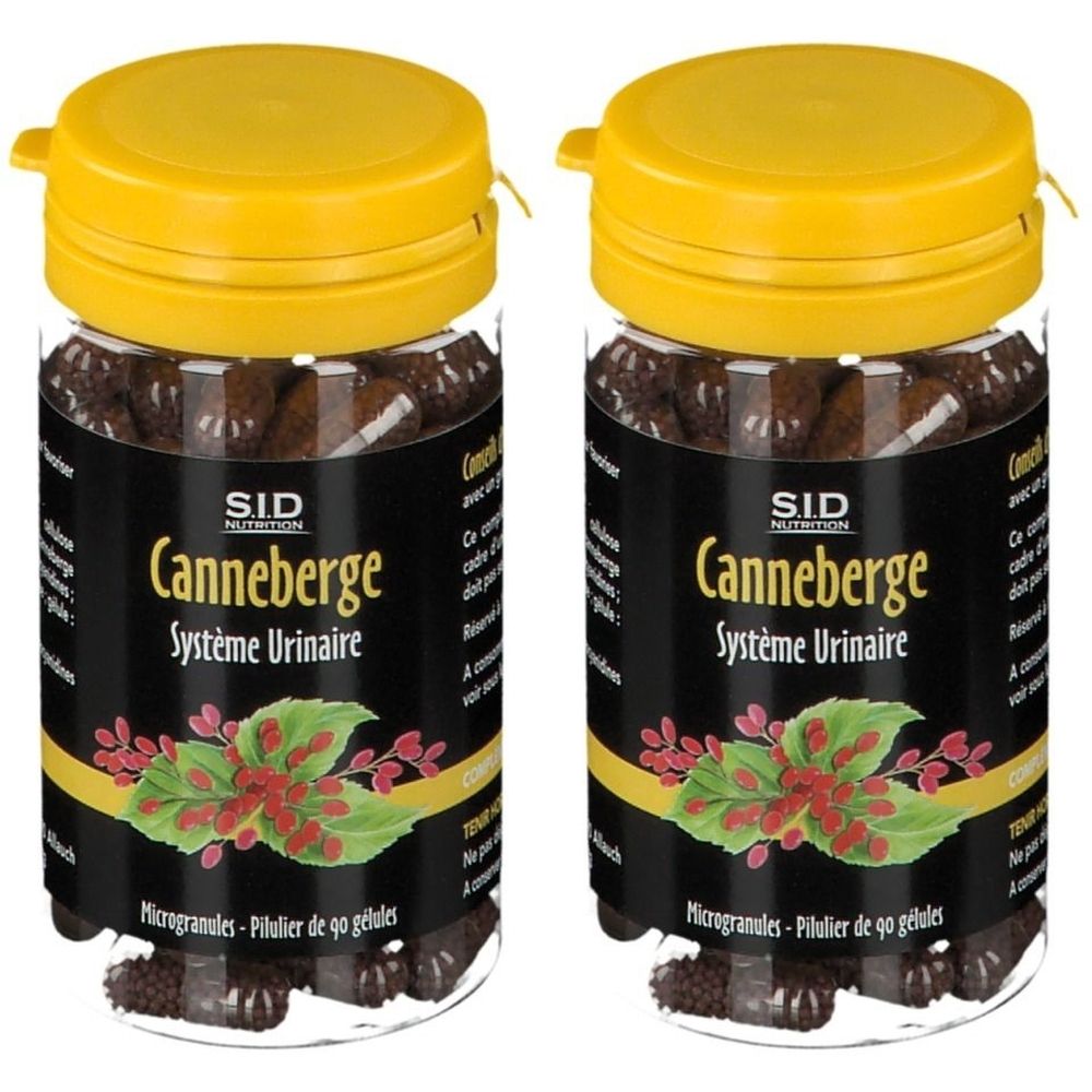 Deux flacons avec bouchons jaunes. Inscription: SID Nutrition, Canneberge, Système Urinaire. Contient des gélules.