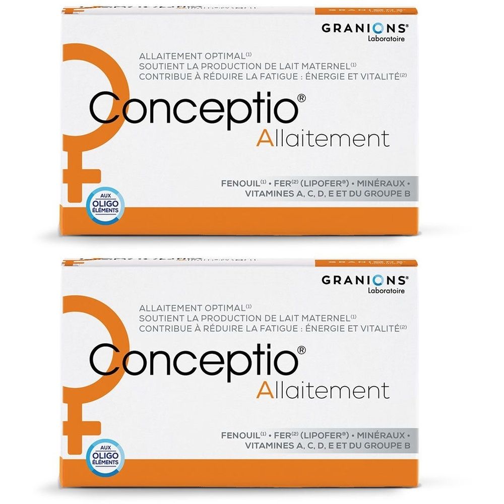 Deux boîtes de Conceptio Allaitement. Inscriptions : Granions, Allaitement Optimal, Oligo-éléments. Emballage blanc et orange.