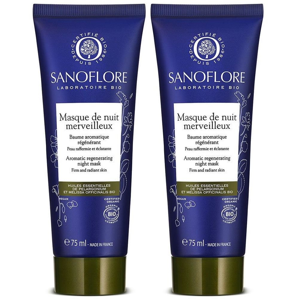 Deux tubes bleus. Inscription: SANOFLORE, Masque de nuit merveilleux. Certifié bio.