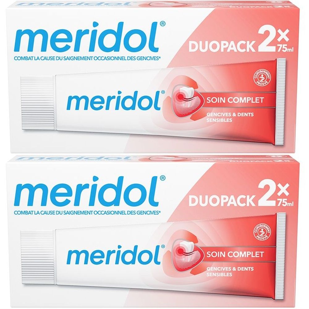 Deux tubes de dentifrice dans un emballage. Inscriptions : meridol, DUOPACK, SOIN COMPLET, GENCIVES & DENTS SENSIBLES.