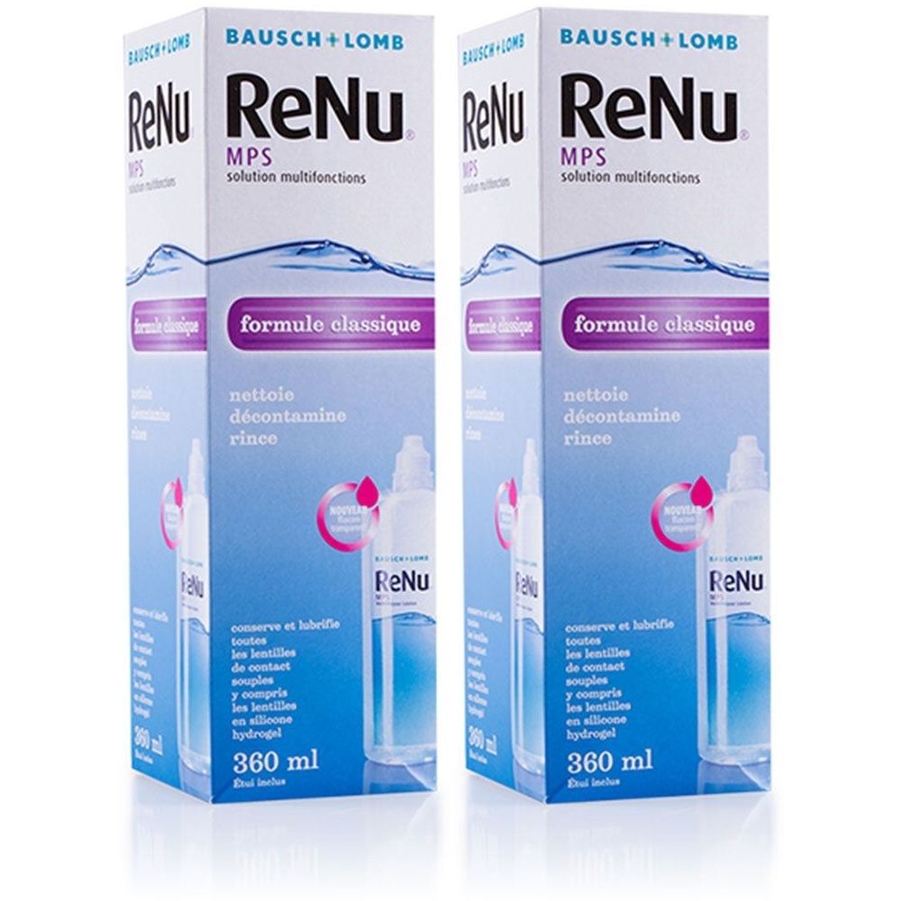 Deux boîtes de solution ReNu MPS. Inscription: Formule classique, nettoie, décontamine, rince. Contient 360 ml.
