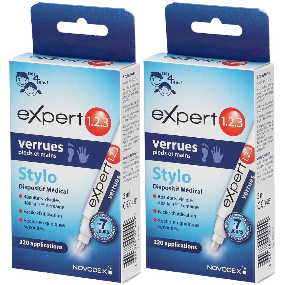 Deux boîtes EXPERT 1.2.3 Stylo. Inscription: verrues pieds et mains. Dispositif médical. Résultats visibles dès la 1ère semaine. 220 applications.