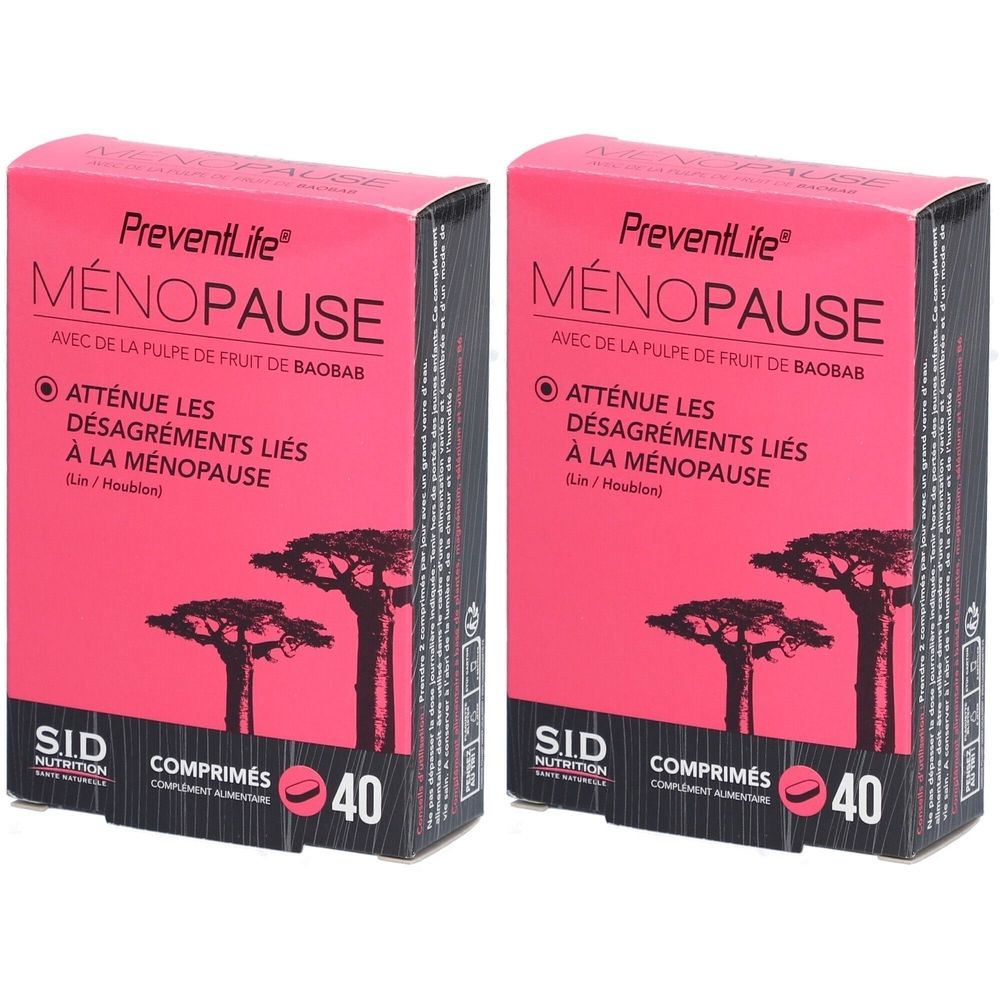 Deux boîtes de PreventLife Ménopause. Emballage rose avec texte et illustrations de baobabs. Contient 40 comprimés.