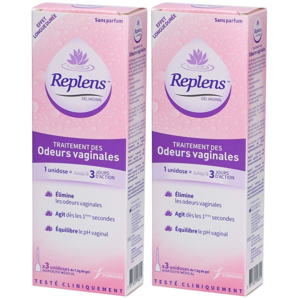Deux boîtes de Replens roses et blanches. Inscription : Traitement des odeurs vaginales. Contient 3 unidoses. Testé cliniquement.
