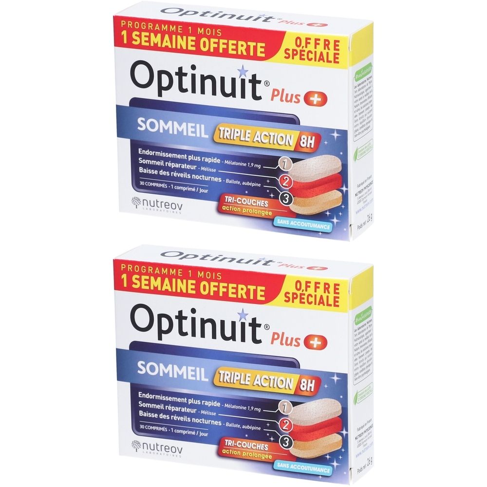 Deux boîtes Optinuit Plus. Inscription : Sommeil Triple Action 8H. 1 semaine offerte. Tri-couches. Marque Nutreov.