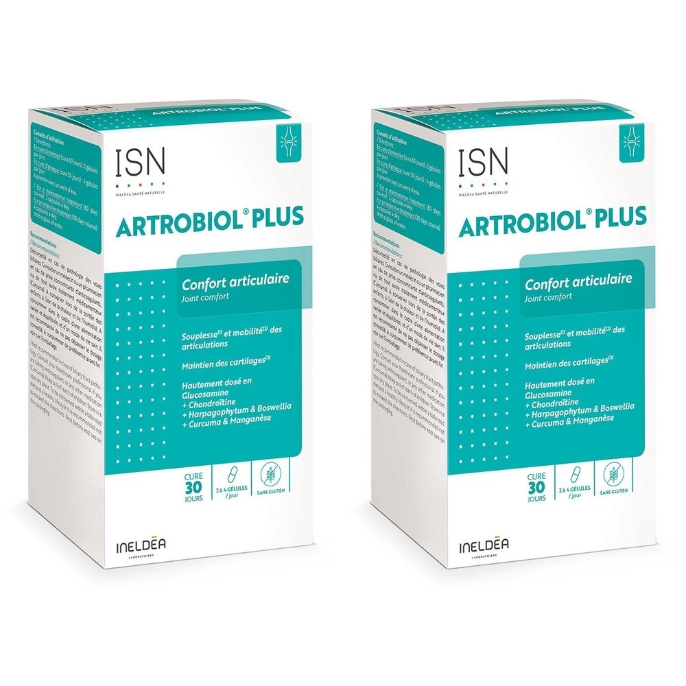 Deux boîtes ARTROBIOL PLUS. Emballage turquoise et blanc avec informations produit et logo ISN. Complément alimentaire.