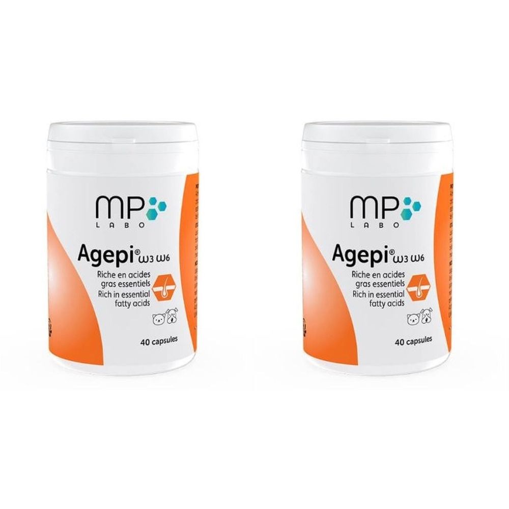 Deux boîtes blanches avec bande orange. Inscription: MP Labo Agepi ω3 ω6, 40 capsules. Contient des acides gras essentiels.