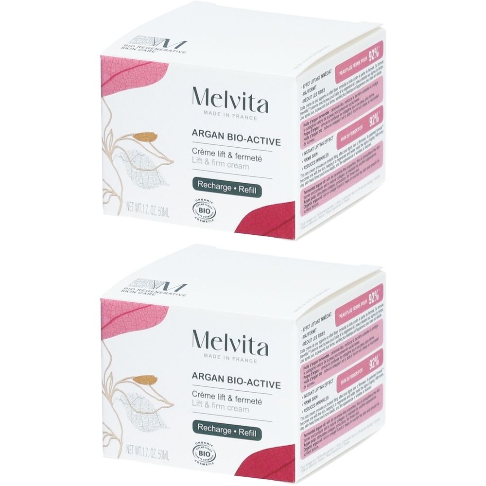 Deux boîtes blanches. Inscription : Melvita, Argan Bio-Active Crème lift & fermeté. Avec logo bio et Recharge-Refill. Emballage.