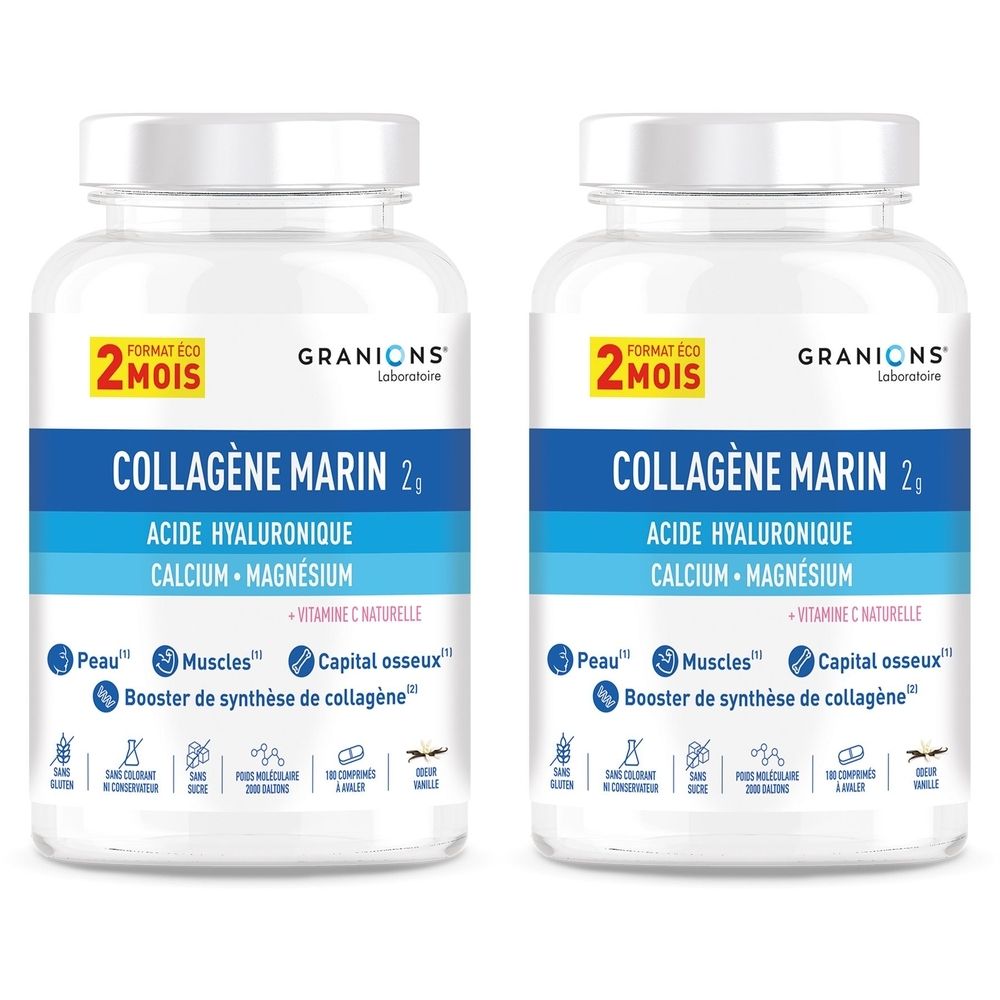 Deux flacons blancs avec étiquettes bleues et blanches. Inscription: COLLAGÈNE MARIN 2g, Acide hyaluronique, Calcium, Magnésium. Marque: GRANIONS.