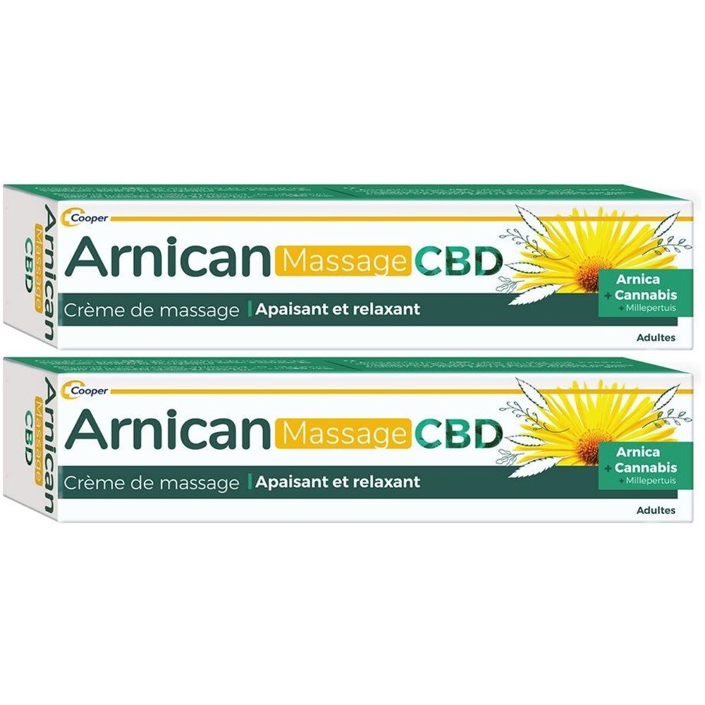 Deux tubes de crème. Inscription: Arnican Massage CBD, Crème de massage, Apaisant et relaxant. Avec fleur d'arnica.