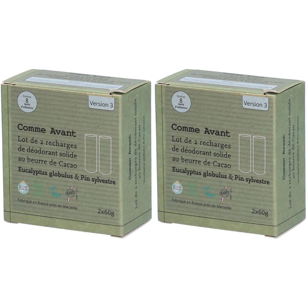 Deux boîtes vertes. Inscription: Comme Avant, Lot de 2 recharges de déodorant solide au beurre de Cacao, Eucalyptus globulus & Pin sylvestre. Version 3.