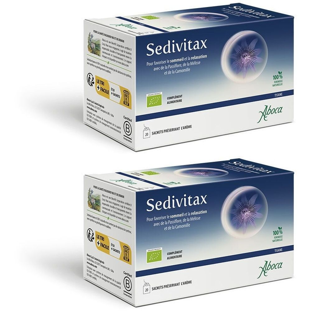 Deux boîtes de "Sedivitax". Inscription "20 sachets". Marque Aboca. Certification biologique.