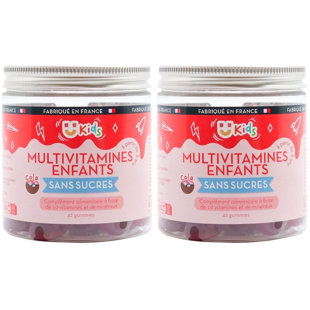 Deux pots transparents avec couvercles argentés. Étiquettes : "MULTIVITAMINES ENFANTS SANS SUCRES". Contiennent des gummies.