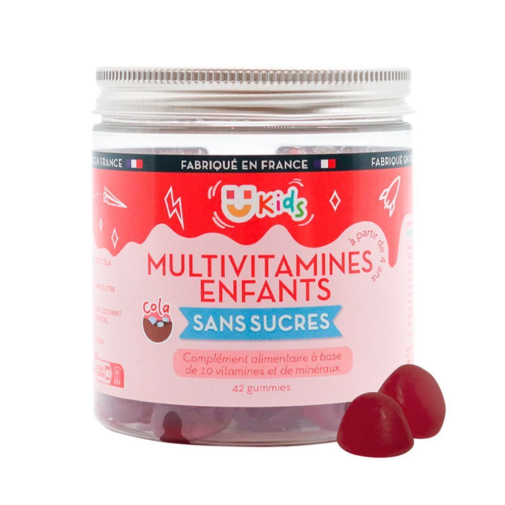 Un pot de Mium Lab Gummies Multivitamines Enfants. Étiquette rouge avec texte. Deux gummies rouges à côté. 42 gummies.
