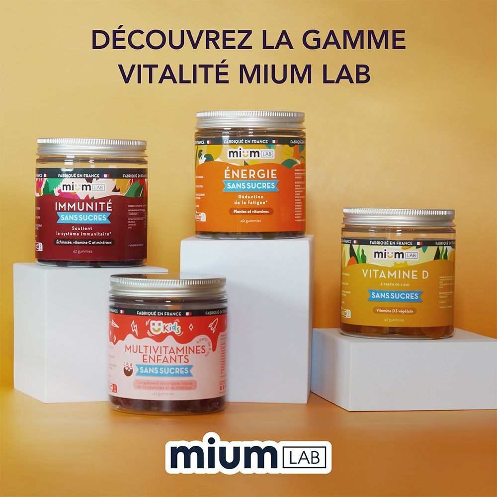 Différents produits Mium Lab. Quatre pots, dont Mium Lab Gummies Multivitamines Enfants. Sur des blocs blancs.