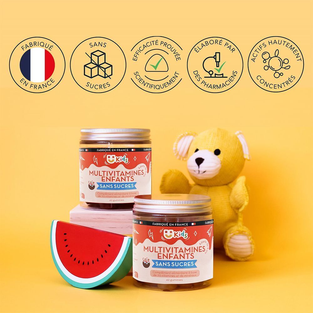 Deux pots Mium Lab Gummies Multivitamines Enfants. Logos ronds. Ours en peluche et pastèque à côté.