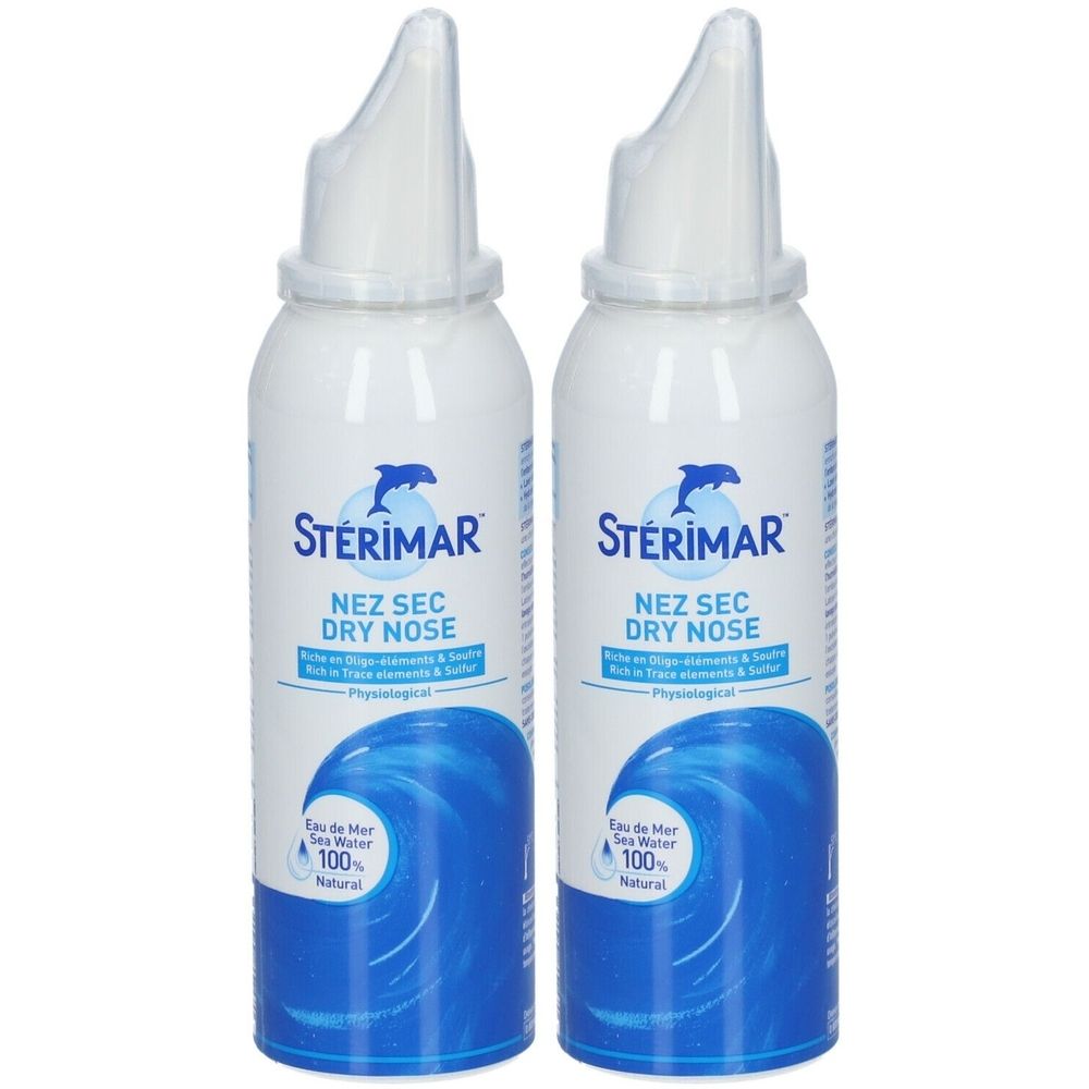 Deux flacons spray blancs avec motif vague bleu. Inscription : Stérimar, Nez Sec Dry Nose. Contient de l'eau de mer.