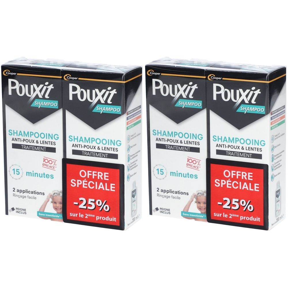 Deux boîtes de shampooing Pouxit. Emballage noir et blanc avec informations produit et encart rouge "OFFRE SPÉCIALE -25%".