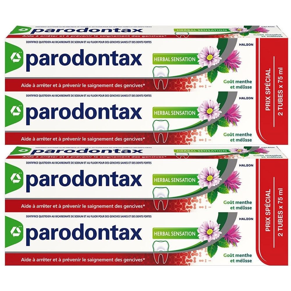 Plusieurs boîtes de dentifrice parodontax. Inscription: Herbal Sensation. Contient 2 tubes de 75 ml. Indiqué pour arrêter et prévenir le saignement des gencives.