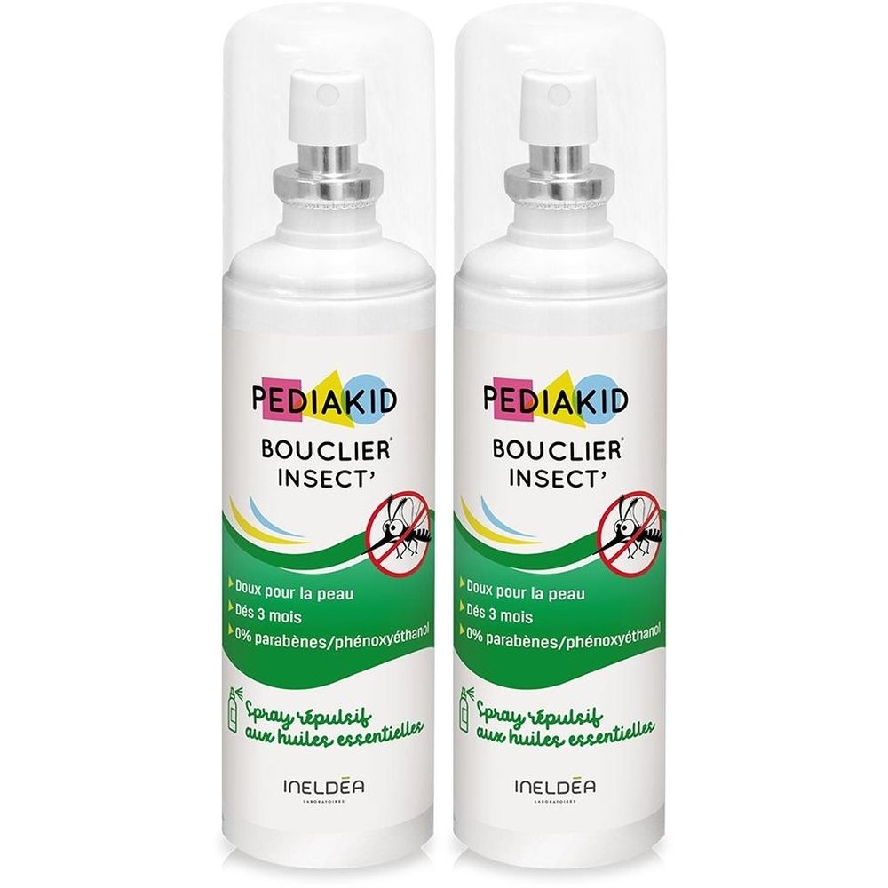Deux flacons spray blancs avec capuchons transparents. Inscription : PEDIAKID BOUCLIER INSECT'. Logo et texte en français.