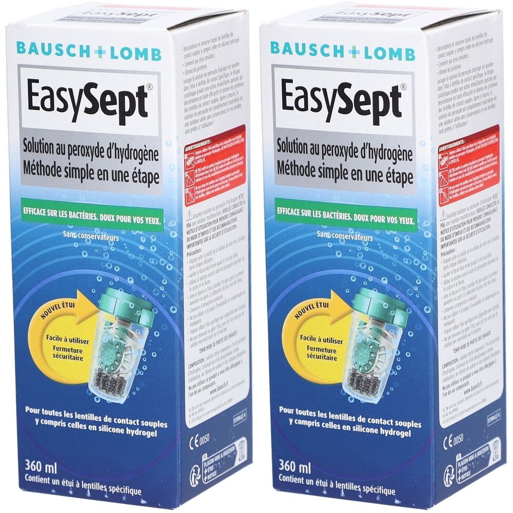 Deux boîtes EasySept. Inscription : Bausch + Lomb, EasySept, solution au peroxyde d'hydrogène. Contient un étui pour lentilles.