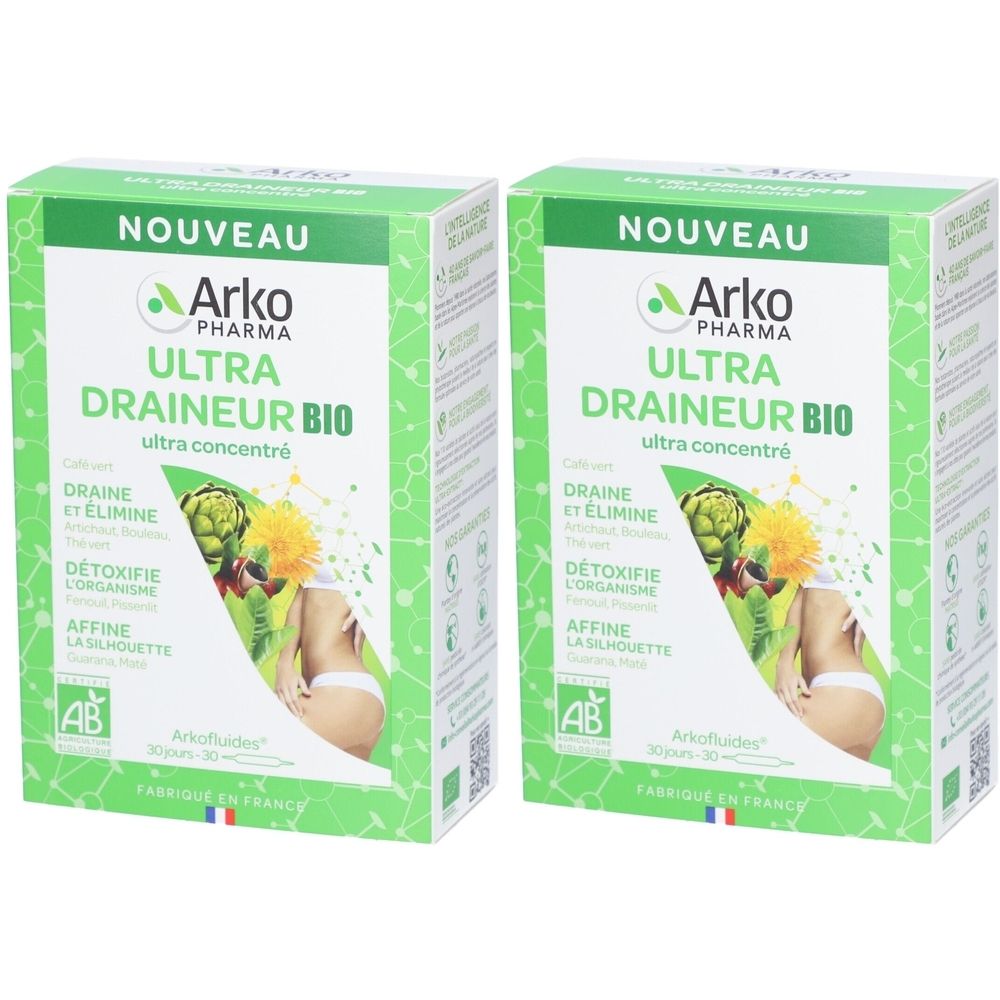 Deux boîtes vertes. Texte: Nouveau, Arko Pharma, Ultra Draineur Bio, Draine et élimine, Détoxifie l'organisme, Affine la silhouette. Logo AB.