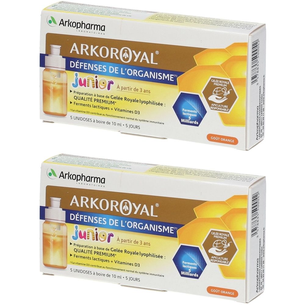 Deux boîtes d'Arkopharma Arkoroyal Défenses de l'organisme Junior. Inscription : Défenses de l'organisme, Junior, à partir de 3 ans. Avec gelée royale.