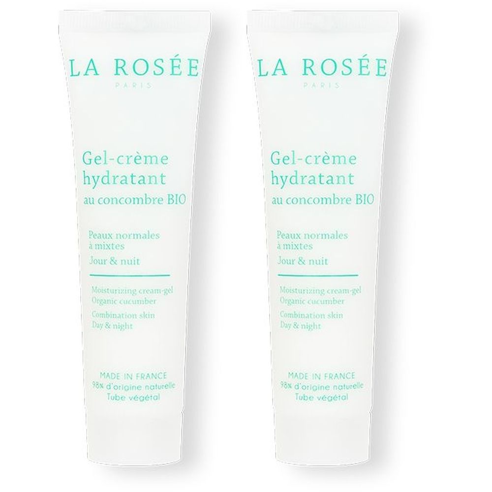 Deux tubes de Gel-crème hydratant LA ROSÉE. Inscription : au concombre BIO, Peaux normales à mixtes, Jour & nuit. Fabriqué en France.