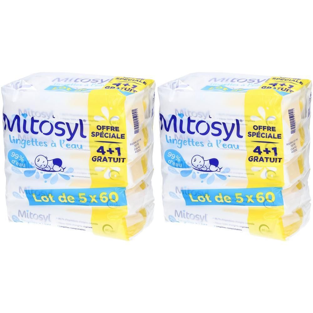 Deux paquets de lingettes à l'eau Mitosyl, offre spéciale 4+1 gratuit, lot de 5x60.