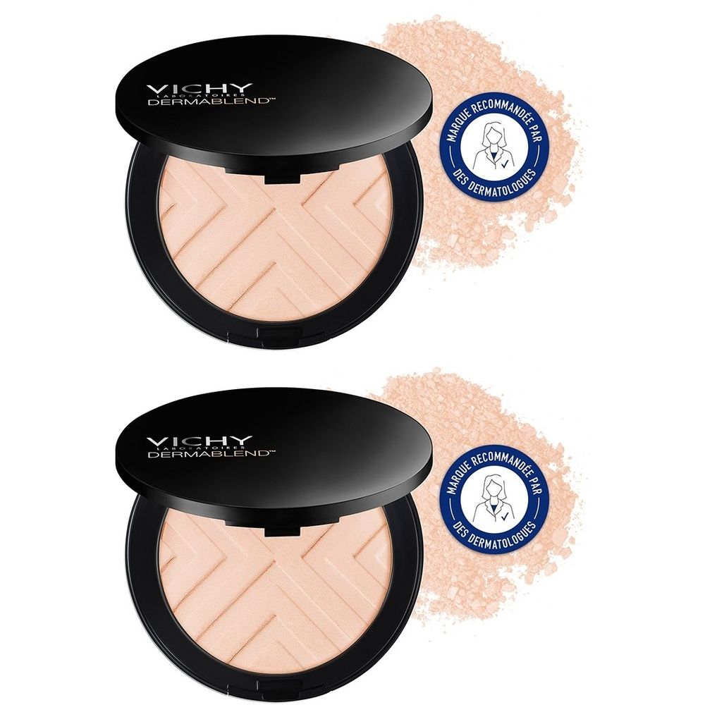 Deux poudres compactes noires ouvertes. Marque "Vichy Dermablend". Un sceau "Marque recommandée par des dermatologues" est visible.